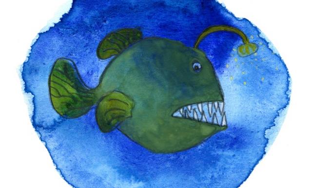 En fantasifullt tecknad fisk.