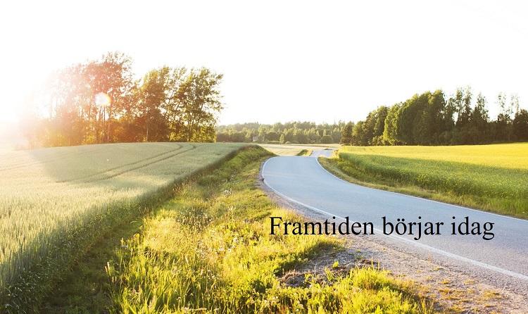 En väg som leder genom ett finskt sommarlandskap. Text på bilden: Framtiden börjar idag