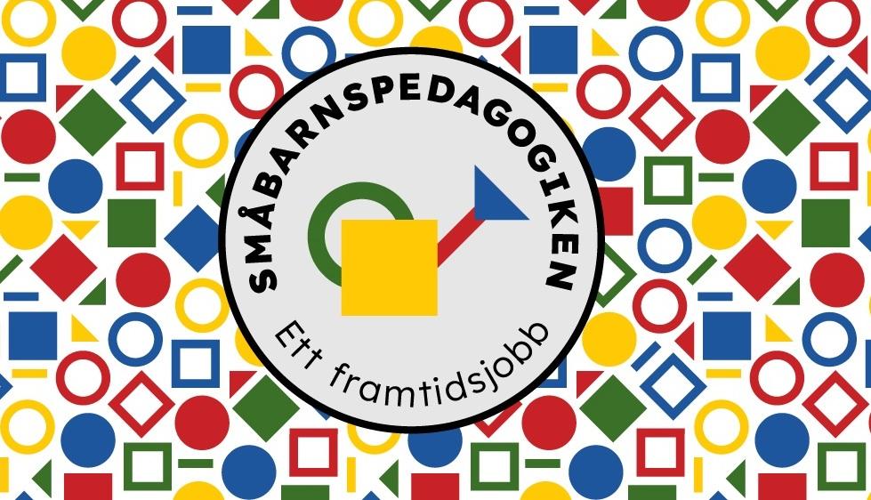 Header för projektet Småbarnspedagogiken - ett framtidsjobb. En sprutkanna i mitten och färggranna små cirklar och kvadrater.