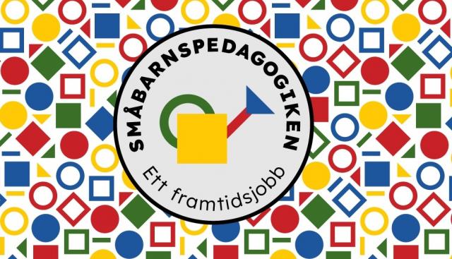 Logo för projektet Småbarnspedagogiken ett framtidsjobb: en sprutkanna i glada färger och runt detta cirklar och fyrkanter i olika färger.